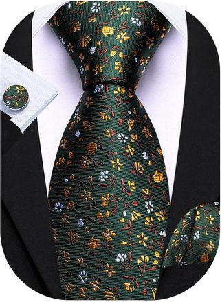 Barry.Wang Mens Tie Silk Floral Necktie Pocket Square Cufflinks Set Wedding Wedding Prom