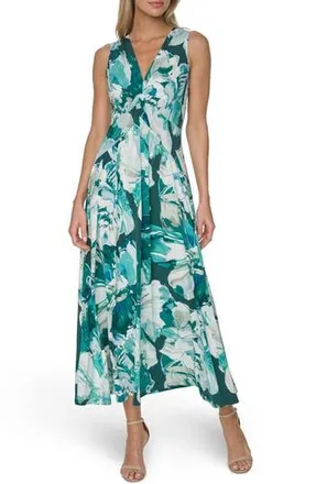 Calvin Klein Twist Front Jersey Maxi Dress in Malachite Multi at Nordstrom Rack, Size 10