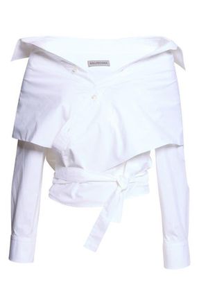 Balenciaga Off the Shoulder Cotton Poplin Wrap Shirt in 9000 White at Nordstrom, Size 12 Us