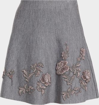 Oscar De La Renta Floral Bead Embroidered Wool Knit Mini Skirt