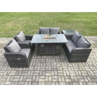 Fimous 6 Seater Rattan Garden Furniture Set Propane Gas Fire Pit Table and Sofa Chair set with Side Table - Fimous