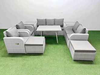 Fimous Outdoor Rectangular Table Set with Reclining Chair 2 Big Stool in Light Grey