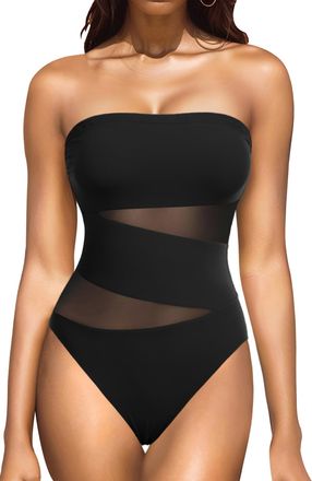 Holipick Women Strapless One Piece Swimsuit Tummy Control Bandeau Bathing Suit Mesh Cutout Swimwear, Black With Mesh, Medium