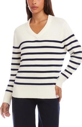 Karen Kane Stripe V-Neck Sweater in White/navy at Nordstrom, Size X-Large
