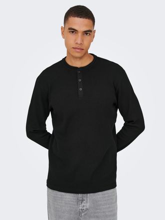 Only & Sons Langarmshirt ONLY & SONS ONSTOBIE REG LS HENLEY TEE NOOS, Herren, Gr. XXL, schwarz, Jersey, Obermaterial: 60% Baumwolle, 40% Polyester, unifarben, reg