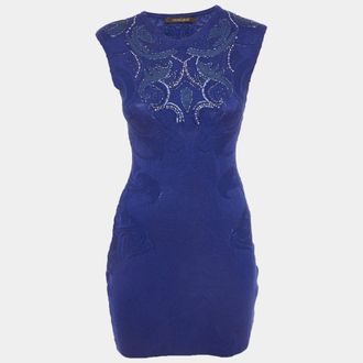 Roberto Cavalli Blue Embroidered Stretch Knit Mini Dress