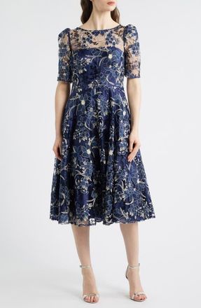 Eliza J Illusion Embroidered Fit & Flare Cocktail Dress in Navy at Nordstrom, Size 10