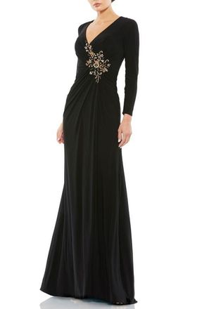 Mac Duggal Faux Wrap Long Sleeve Appliqu&eacute; Detail Gown in Black at Nordstrom, Size 2