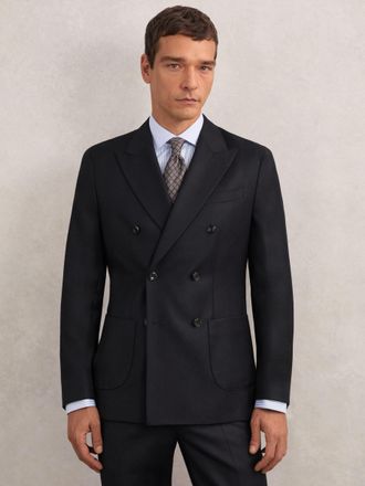 Reiss Navy Wool-flannel Double-breasted Tailored-fit Blazer, 46R