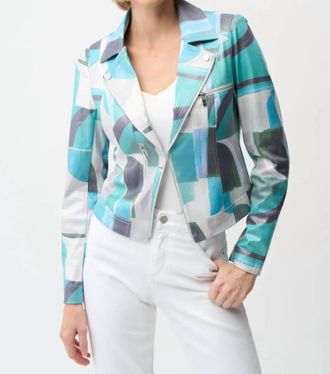 Joseph Ribkoff Geometric Faux Suede Moto Jacket In Green/multi