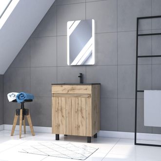 Aurlane Mueble De Ba&ntilde;o 60x80 - Acabado Madera Roble Natural - Lavabo Negro+ Espejo Led - Timber 60 - Pack02