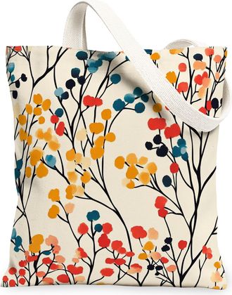 Generic Spring Gypsophila Flower Canvas Tote Bag for Shopping 13x15, Vintage Retro Florals Reusable Grocery Print Pattern Bag for Women, Fun Aesthetic Beach A