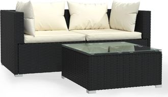 vidaXL Set De Muebles De Jard&iacute;n 3 Pzas Y Cojines Rat&aacute;n Sint&eacute;tico Negro Vidaxl
