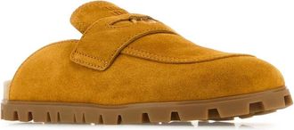 Miu Miu Womens Mustard Suede Slippers Whisky Flat Shoes
