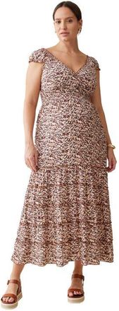 Ingrid & Isabel The Daydream Maternity Midi Cap Sleeve Dress in Brown/navy Abstract Ikat at Nordstrom, Size X-Large