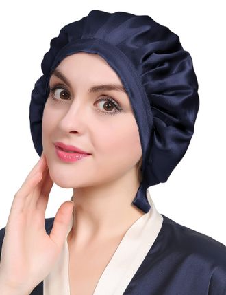 LilySilk 100% Pure Mulberry Silk Sleep Cap for Hair Care Women 19 Momme, Natural Silk Bonnet for Sleeping, Soft Hair Wrap Elastic Stay on Head-Navy Blue