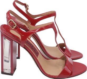Ferragamo Mirrored Heel T Strap Sandals in Red Patent Leather