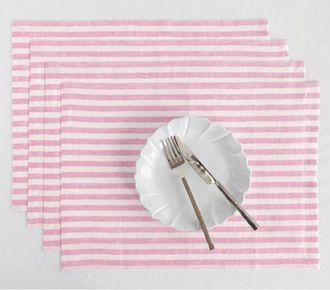 Solino Home Linen Placemats Set of 4, 14 x 19 Inch for Dining Table, Holiday and Everyday Table Decor - Amalfi Stripe in Cherry Blossom And White at