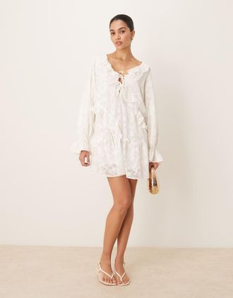 Gina Tricot Gina Tricot lace mini dress with scalloped ruffles in antique white