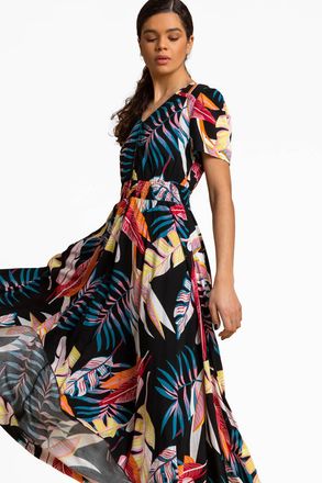 Roman Tropical Palm Shirred Waist Maxi Dress