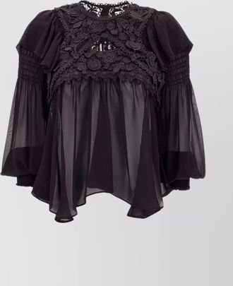 Isabel Marant puff sleeves sheer lace top with floral embroidery
