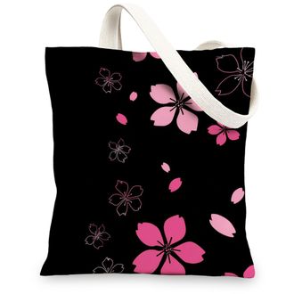 Generic Cherry Flower Canvas Tote Bag, Reusable Grocery Bags, Lightweight Black Shoulder Strap Bag 13x15 Inch