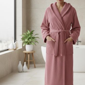 Dmora Bata De Ba&ntilde;o Satotite, 100% Algod&oacute;n Con Capucha, Talla L, Rosa