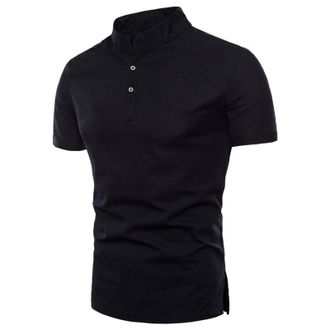 Generic Henley Shirts for Men Short Sleeve Mandarin Collar T-Shirts Button Down Shirt Split Hem Tops Business Blouses Tees Camisa Sin Cuello para Hombre(Black
