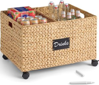 Best Choice Products Rolling Pantry Storage Basket Organizer W/ Chalkboard Label, Handles, Removable Divider - Chestnut