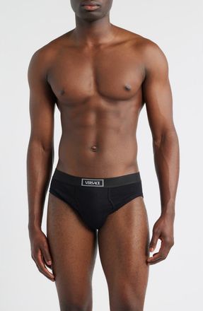 Versace 90s Logo Stretch Cotton Rib Briefs in Black at Nordstrom, Size 5