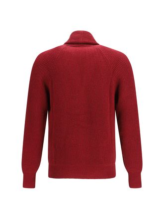 Brunello Cucinelli Mens Ribbed Cardigan Ciliegia Cotton Sweater