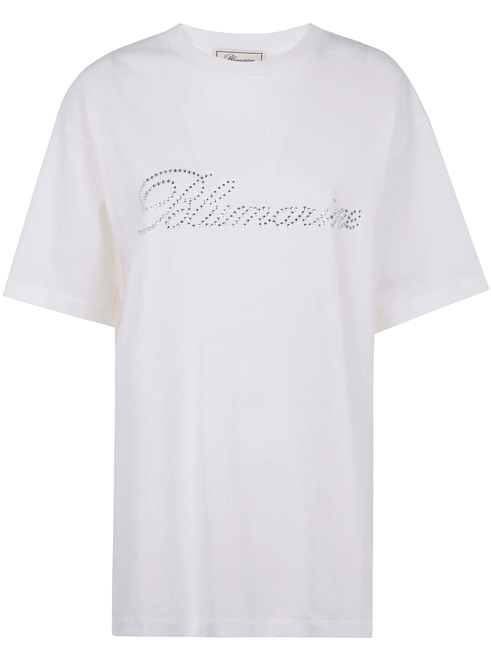 Tシャツ・カットソー BLUMARINE Woman T-Shirt White 2T094A N0100 T-shirt With Satin Band And Rhinestone Embroidery | Blumarine