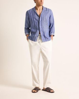 Orlebar Brown Sylvan Lino Relaxed Fit Linen Stripe Shirt in Nightfall Blue Stripe at Nordstrom, Size Medium