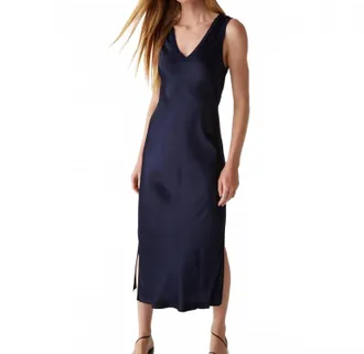 Michael Stars Randi Satin V Neck Midi Dress In Nocturnal