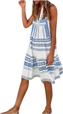 Generic Bohemian Dresses for Women UK Plus Size - Beach Dresses for Women UK Mini - Flowy Dress Floral Dress Knee Length Green Mini Dress Sleeveless Dresses L