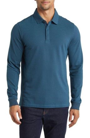 Robert Barakett Ogden Stripe Long Sleeve Polo in Teal at Nordstrom, Size X-Large