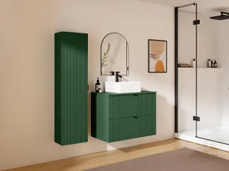 Vente-Unique Mobile per bagno sospeso con scanalature con lavabo da appoggio quadrato e colonna - Verde opaco - 80 cm - ZEVINI