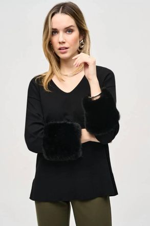 Joseph Ribkoff Sansa Sweater Knit Faux Fur Cuffs Tunic In Black