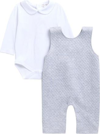 Kissy Kissy Collared Bodysuit & Jacquard Knit Overalls Set in Light Grey at Nordstrom, Size 0-3M