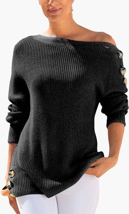 Lascana Button Detail Sweater in Black at Nordstrom, Size 14