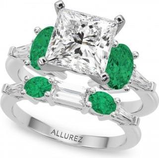 Allurez Princess Cut Lab Grown Diamond & Oval Emerald Bridal Set in Platinum (4.65ct)
