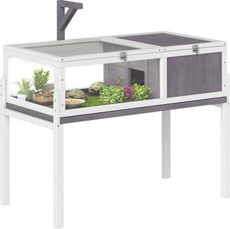 OEM Casa Para Tortugas De Madera Con Techo De Malla Bandeja Extra&iacute;ble Y Soporte Para L&aacute;mpara 104x53x82 Cm Gris Y Blanco