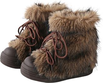 Generic Womens Fuzzy Winter Snow Boots Warm Faux Fur Lining Mid-Calf Bootie Slip-On Stylish Ankle Booties With Synthetic Fur Cuff(Brown,4.5 UK)
