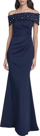 Eliza J Imitation Pearl Off the Shoulder Ruched Gown in Navy at Nordstrom, Size 10