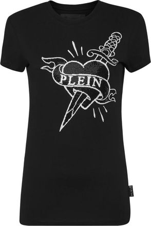 Philipp Plein T-Shirt Pure Round Neck SS Strass Love - Dames - T-shirts - Zwart - S - Katoen - Tops