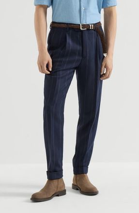 Brunello Cucinelli Cashmere and virgin wool multistripe twill trousers with pleat in Navy Blue at Nordstrom, Size 46