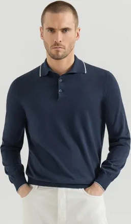 Brunello Cucinelli Sea Island cotton and cashmere lightweight knit polo in Avio Blue at Nordstrom, Size 50