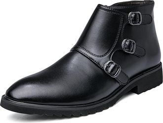 Generic Mens Chelsea Ankle Boots Burnished Toe Side Zip Special Buckle Cowhide Leather Slip On Waterproof Wearable Anti-slip Casual Pull On(Black,7.5 UK)