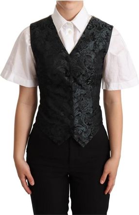 Dolce & Gabbana Groen en Zwart Jacquard Bloemen Gilet - Dames - Gillet - Groen - S - Polyester - Kostuums