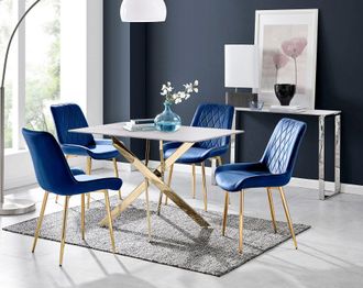 Furniturebox Leonardo White Glass Marble Effect Gold Leg Table & 4 Pesaro Gold Leg Chairs in Navy